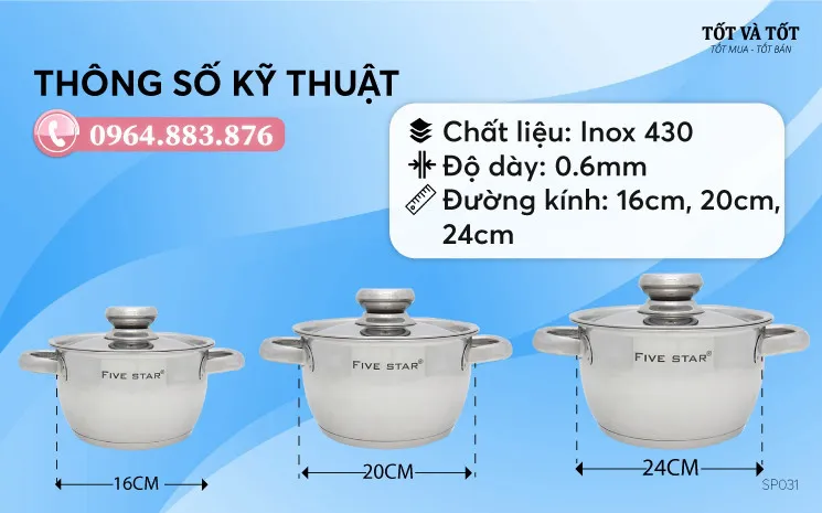 Bộ nồi fivestar 3 đáy 3 chiếc vung inox - Hàng Việt Nam chất lượng cao